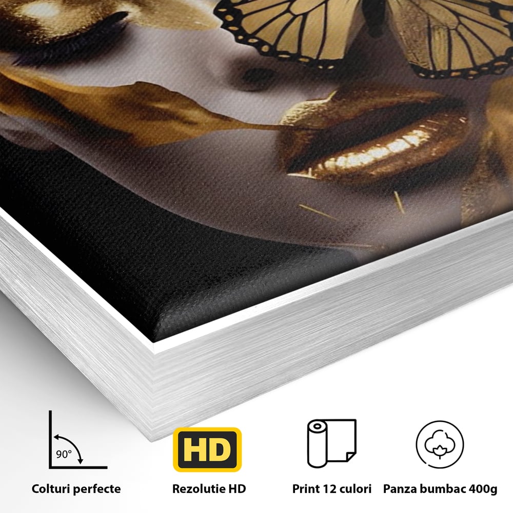 Detaliu al suprafetei: tablou canvas cu portret de femeie si fluture auriu, in rama de aluminiu argintiu